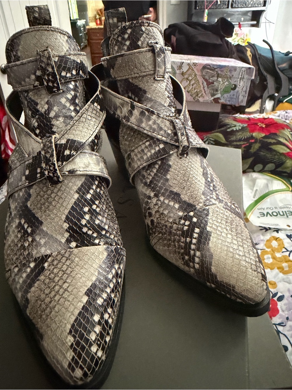 All Saints Snake-Print Pointed Ankle Boots in Tan and Black